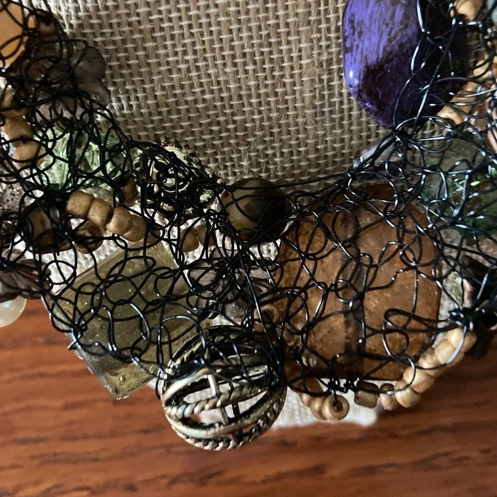 Handcrafted Vintage Boho Made in Italy Wire Wrap Necklace Stones Metal